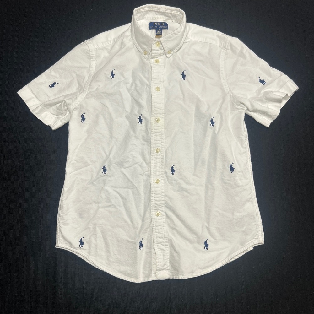 Polo Ralph Lauren Boys White Navy Blue Pony Logo Short Sleeve Shirt Size L 14-16